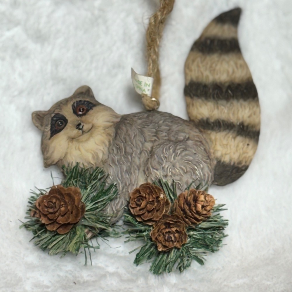 Raccoon Christmas Ornament Woodland Animal Resin Grey Brown